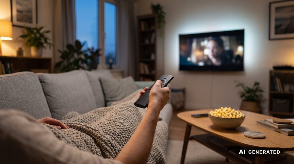 Osoba trzymająca pilot do telewizora w przytulnym salonie z miską popcornu na stoliku kawowym.